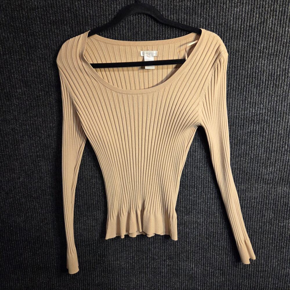 Vtg Worthington Silk Ribbed Beige Long Sleeve Women's Large 90s Minimalist